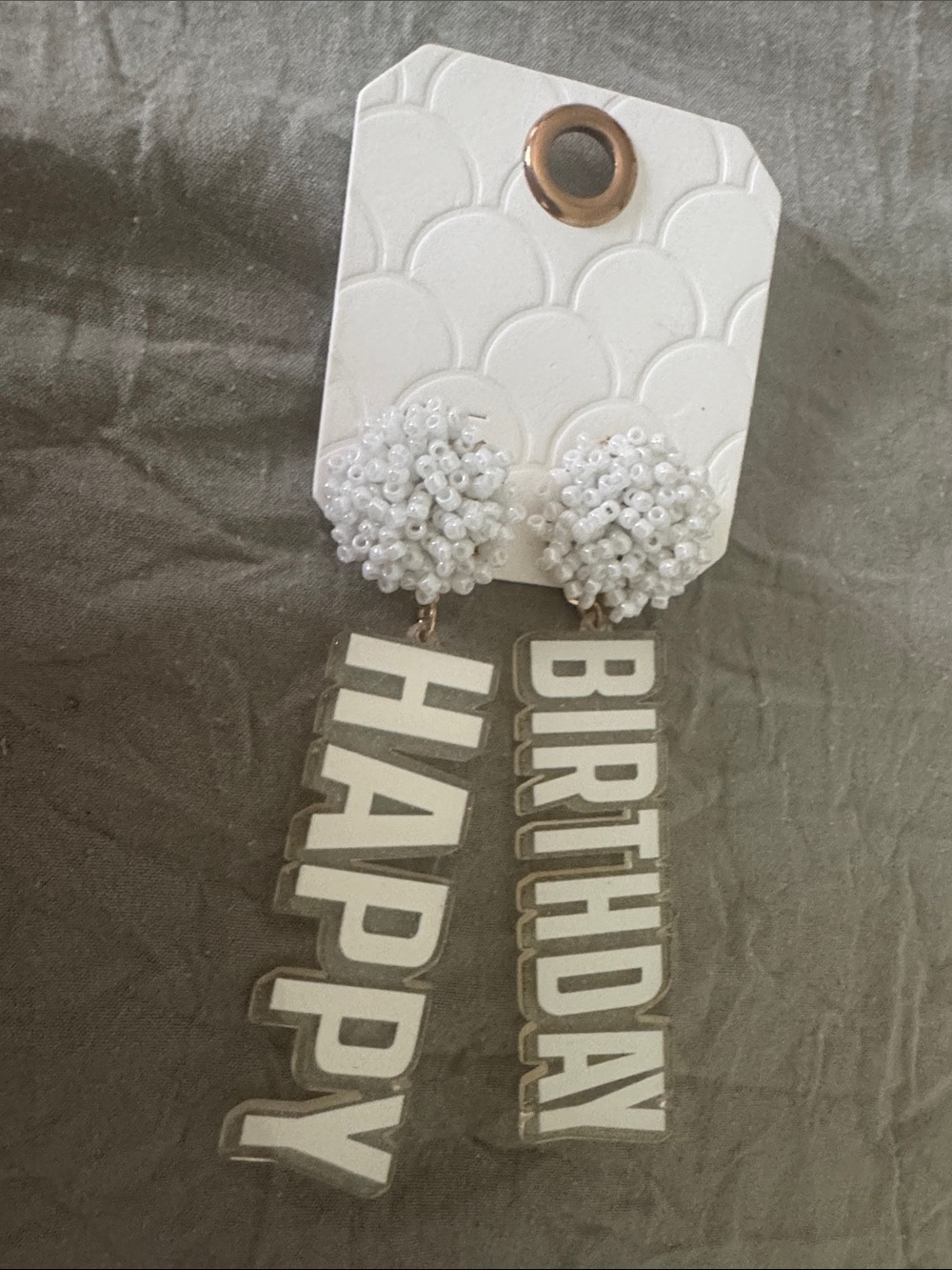White Beaded 'Happy Birthday' Drop Earrings